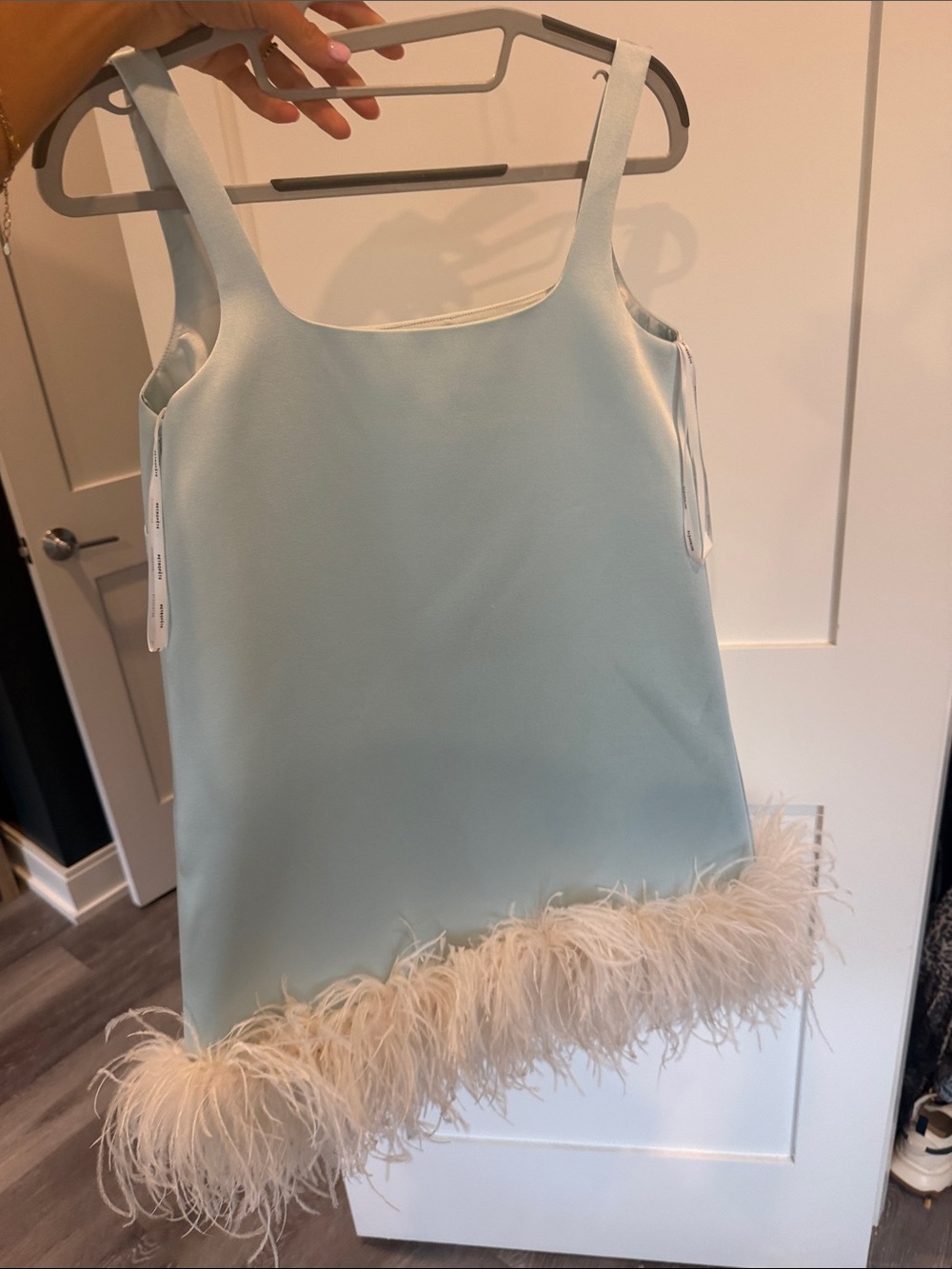 Retrofete Mint Feather-Hem Square-Neck Mini Dress - Picture 8 of 10